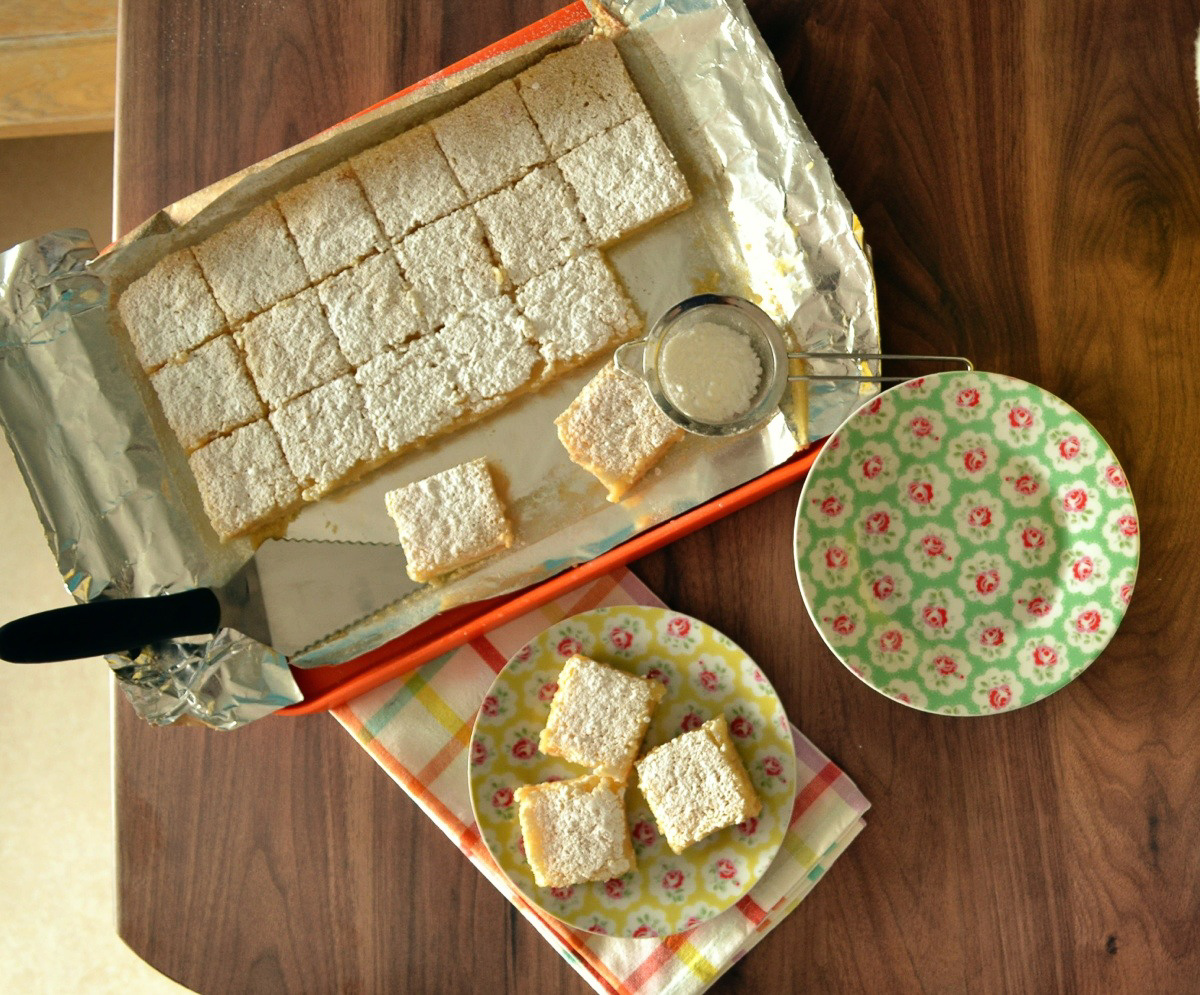 Luscious Leon lemon bars - a shortbread base with a lemon curd like topping baked right on.