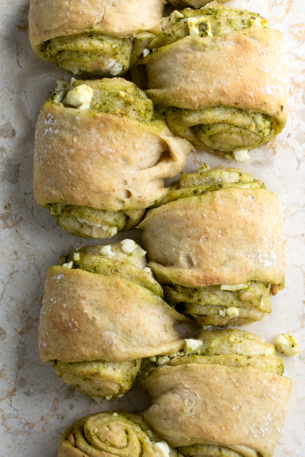 A tear and share style loaf filled with feta and pesto
