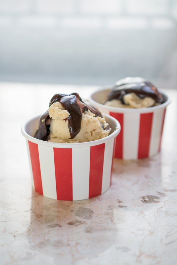 Peanut Butter Ice Cream with chunks of Reese's PNB cups in and served with a hot fudge sauce