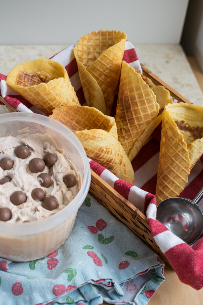 Malted Milk (Malteser) Ice Cream and homemade waffle cones