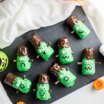 Chocolate Mint flavoured mini rolls dressed up to look like little Frankenstein's monsters!