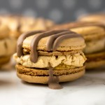 Peanut powder macaron shells filled with homemade nougat (easy peasy), dulce de leche caramel and salted roasted peanuts. All drizzled with milk chocolate to finish!