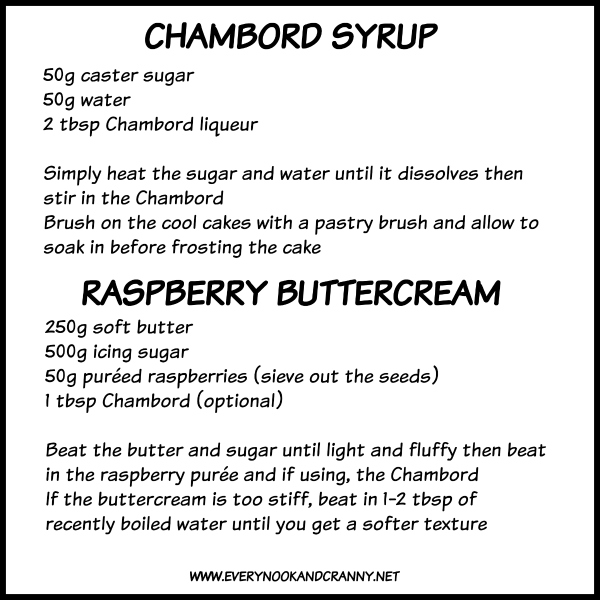 Recipes for Chambord syrup to flavour cakes with and enough raspberry buttercream to fill and frost a deep 8 inch round cake generously