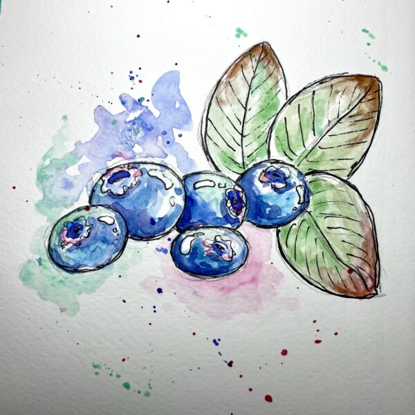 Watercolour illustration of a pile of blueberries and leaves with splashes of colourful paint